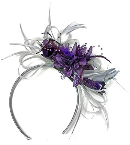 Fascinator-Haarband mit Netz, Ring und Federn, Silbergrau und dunkellila für Hochzeiten und royale Pferderennen