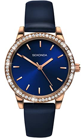 Sekonda Hailey Womens 32mm Analogue 3 Hand Quartz Watch with Rose Gold Alloy Stone Set Case Mineral Glass Buckle and Pin and PU Strap