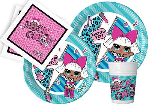 Kit Party Tavola L.O.L. Surprise! Rock On! per 24 persone (112 pezzi: 24 piatti Ø23cm, 24 piatti Ø20cm, 24 bicchieri 200ml, 40 tovaglioli 33x33cm)