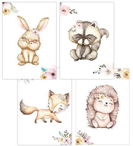 Olgs Wandbilder 4er Set für Baby & Kinderzimmer Deko Poster | Kunstdruck DIN A4 ohne Rahmen und Dekoration Tiere (Junge/Mädchen) (W08 Hase Waschbär Fuchs Igel)