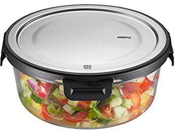 GEFU Frischhaltedose MILO - smarte Lunchbox mit Frische- & Vorratskontrolle per App, aus Glas mit Silikonverdichtung & Klick-Verschluss, Lebensmittelbehälter, Tupperdose, 900 ml, rund