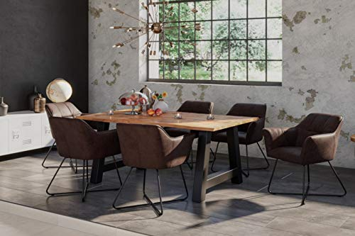 SAM 7tlg. Essgruppe Dora 140 x 80 cm, Mangoholz massiv & naturfarben, Baumkantentisch mit A-Metallgestell in Mattschwarz + 6X Stuhl Kirin in Wildleder-Optik