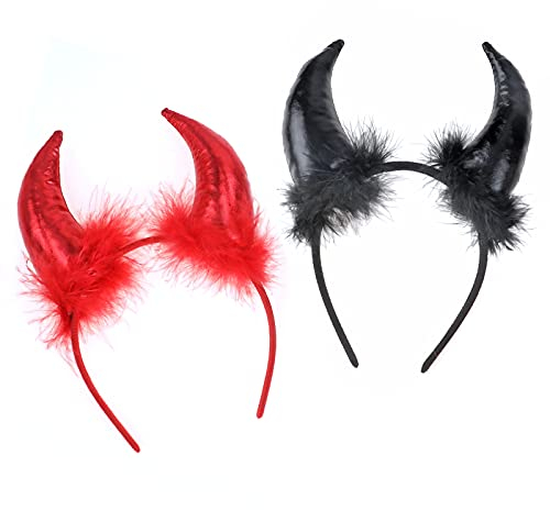 HOWAF 2 Stück Teufelshörner Schwarz Rot Halloween Teufelshörner Haarreif Teufel Hörner Teufel Haarreif Halloween Kopfschmuck für Karneval Mottoparty Halloween Teufel Kostüm Accessoire Damen Kinder