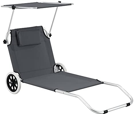 Transat avec Pare-Soleil Chaise Longue Inclinable Réglable en 4 Positions Bain de Soleil Design avec Roues Anti-Retours Capacité de Charge 110 kg Aluminium Polyester Argenté Mat Gris Foncé