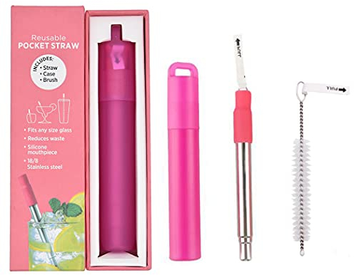 Hoshen Paille télescopique réutilisable en acier inoxydable, paille portable, avec buse en silicone et brosse de nettoyage (boîte d'origine), rouge, 1 pièce