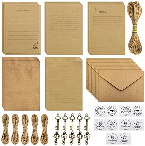 Briefpapier mit Umschlag Set Vintage Schreiben 61Stk Contains 20 Blätter Briefpapier, 10 kraft Umschlägen, 10 Retro Schlüsseln, 11 Hanfseilen(10 pcs 1m +1 pcs 10m), 10 Aufklebern