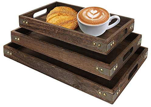 JMIATRY Wooden Serving Tray Set of 3, Dinner Serving Tray with Handles, 3 Different Size Nesting Serving Trays Food Tray, Tea & Coffee Platter, Wooden Platters for Food