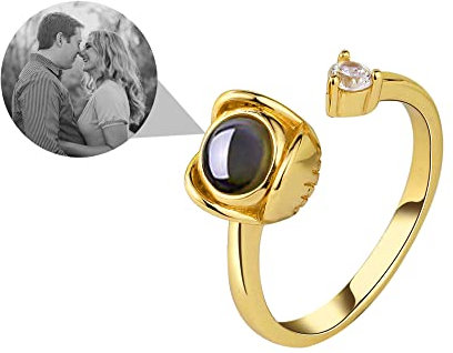 Godchoices Personalisierter Fotoprojektionsring Ich liebe dich 100 Sprachen Ring Benutzerdefinierte Foto 925 Sterling Silber Ringe Offener Verstellbarer Blume Ringe Schmuck Geschenk für Frauen Mädchen