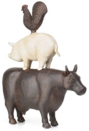 Moritz Deko-Figur Kuh Schwein und Hahn Stehen aufeinander aus Polyresin Dekorations Idee Standdeko Tierwelt Statue Skulptur