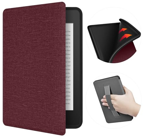 ERUNTO Funda para Kindle de 6 Pulgadas (versión 2022), Cubierta de TPU con Textura de Tela con cinturón de Mano, Cubierta magnética con función de Encendido/Apagado(Burdeos)