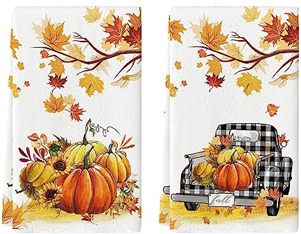 Artoid Mode Lot de 2 torchons de cuisine en forme de citrouilles - Feuilles d'érable - Camion - Automne - 42 x 65 cm - Décoration saisonnière