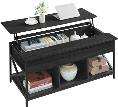 VASAGLE Coffee Table, Lift-Top Table Coffee Table for Living Room, Coffee Table with Open and Hidden Storage, X-Shaped Bars, 60 x 120 x (48-62) cm, Charcoal Grey and Black LCT215B22