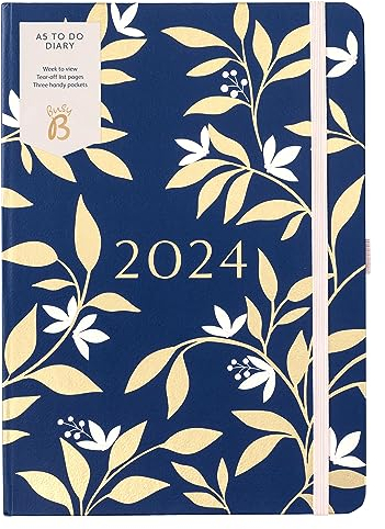 Busy B - To Do Diary Terminkalender von Januar bis Dezember 2024 - Marine und Gold Blumenmuster - A5 Wochenansicht Terminkalender mit Notizen, Abreißlisten und Steckfächern