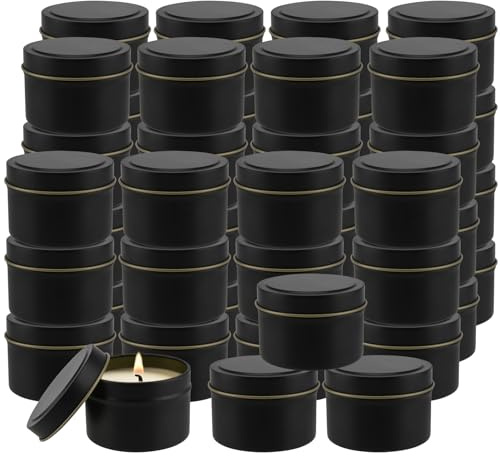 FUNSUEI 48 tarros negros de 4 onzas con tapas, recipientes de metal negro para velas, vacíos a granel para hacer velas, proyectos de manualidades, almacenamiento de especias