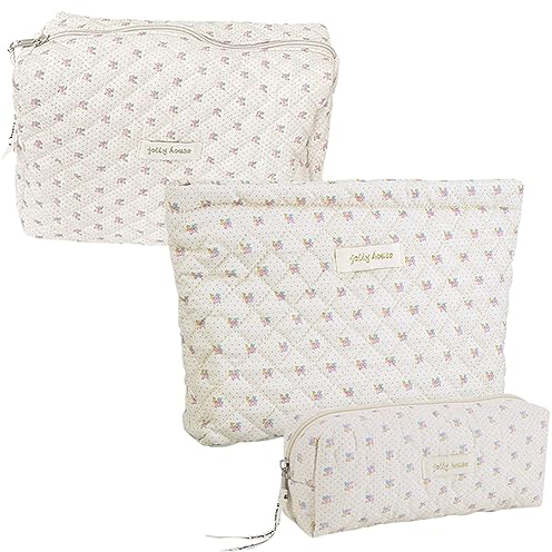 TIAASTAP 3-teiliges Reise Kosmetiktasche Damen Gesteppte Kulturtasche mit Blumenmuster, Kawaii Kulturbeutel Set Groß Kosmetiktasche Aesthetic Make up Bag Beauty Bag Cosmetic Bag für Kinder Mädchen