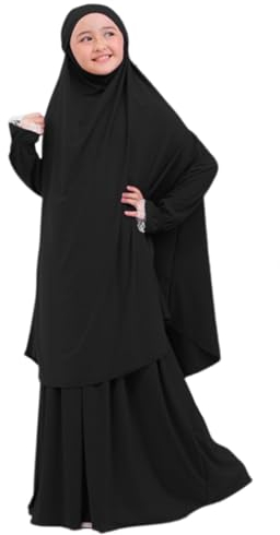 Gebetskleidung f?r M?dchen Kinder Muslimische Kleider Lang Khimar mit Rock Set Arabische Islamische Kleinkinder Hijab Kleid Gebetskleid Abaya Kaftan Maxikleid Mittlerer Osten Dubai Robe Schwarz 9-10J