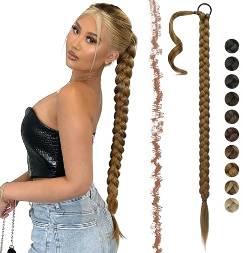 FESHFEN Braid Extensions Pferdeschwanz Verlängerung mit Haargummi, 65 cm Lang Ponytail Geflochten Kunsthaar Haarverlängerung Pferdeschwanz zum Einflechten Hellbraun Mix Naturblond Haarteil für Damen