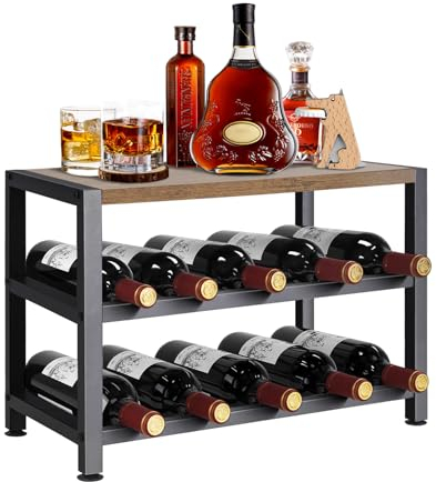SMFANLIN Wine Rack Countertop, 2 Tier 10 Bottles Wood Wine Racks Cabinet Free Standing with Tabletop, Metal Wine Holder Wine Storage Display Shelf ffor Kitchen Pantry Cabinet Bar