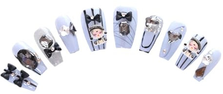 PN-014 Press-On Nails Lacquered 10 Pieces Reusable False Nails Y2K Pastel Goth Disc Crystal Stones Blue