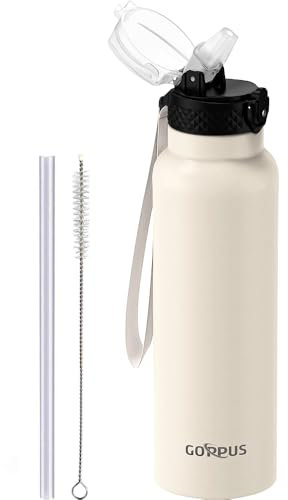 GOPPUS 750ml/26oz Stainless Water Bottle with Straw Double Wall Insulated Bottles with Strap Reusable Vacuum Thermal Flask Leakproof Keep Cold Drinks Bottles with Flip Top Lid for Men Women BPA Free