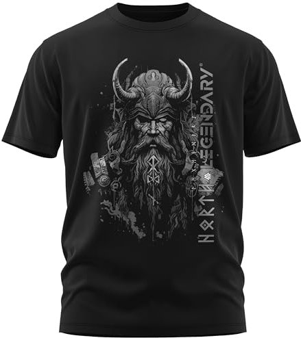 North Legendary Herren T Shirt Odin Hörner Brustaufdruck Grau Hagalazpfad Weisheitsstein Schattenklang Frostklinge Regular Fit L Runen Futhark Gaming Metal LARP Valhalla Krieger DTG Größe L
