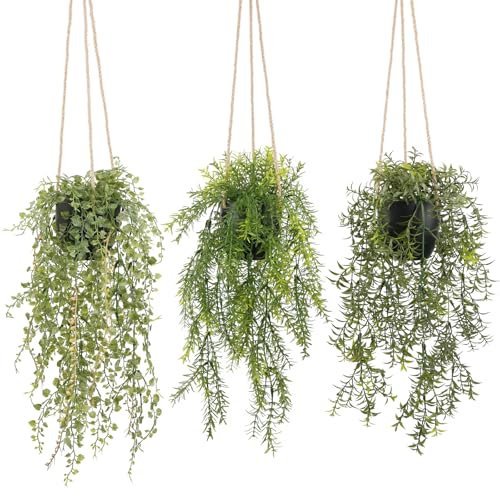 YVONNEYI 3 Stück 47/44/42.9 cm Hängepflanze Künstlich im Schwarz Topf, Künstliche Hängepflanzen für Deko Wohnzimmer, Hängepflanze Künstlich für Wand Büro Zimmer Regal Indoor Outdoor Deko