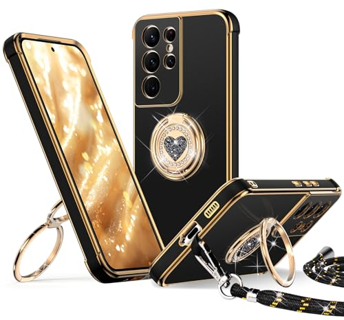 XYZ Coque pour Samsung Galaxy S21 Ultra, avec Double Anneau de Support Cœur, avec Lanière pour Filles et Femmes, Coque de Protection Luxe Mignonne et Scintillante pour Samsung S21 Ultra, Noir