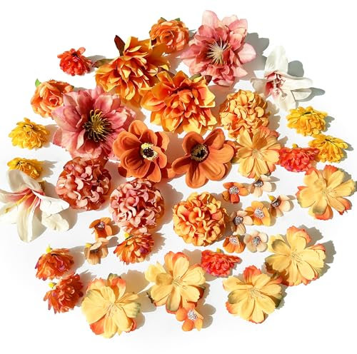 ROLLWAY 40 Stück Kunstblumen zum Basteln Klein Blumenköpfe 2~8cm, Deko Blumen künstlich Mini Herbstblumen Kunstblumen Herbst Orange Seidenblumen Blumendeko Rosen Hortensien für Tortendeko