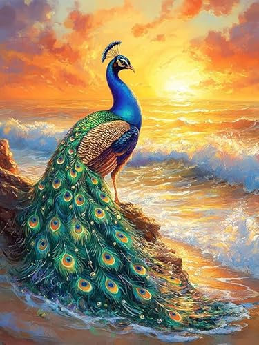MOMAKA 5D Diamond Painting Kits Pfau, DIY Diamant Malerei Full Drill Set Sonnenuntergangstiere , Runde Diamant Arts Craft Cross Stickerei Malerei Kits für die Home Wanddekoration 30x40cm-80