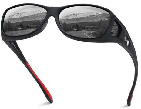 DUCO Herren und Damen Sonnenbrillen Polarisiert Unisex Brille UV400 Schutz Wrap Around Blendschutz Überbrille für Brillenträger Fit-over Polbrille (M Größe Schwarz Rahmen Rot Temple Grau Linse)