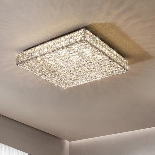 BNWRZCJXY Crystal Led Flush Mount Ceiling Light Fixture for Kitchen 18 inch Mid Century Modern Crystal Ceiling Light Chrome Square Dimmable Living Room Ceiling Light for Bathroom Bedroom Hall/Diameter