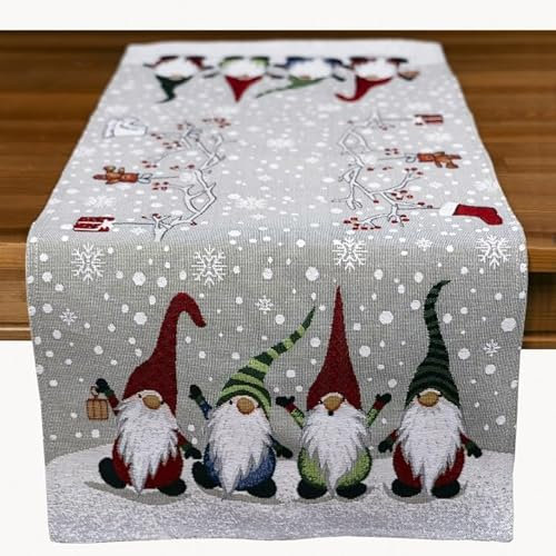 Tischdecke Mitteldecke Tischläufer 40 x 90 cm grau Wichtelzwerge Gobelin Winter Weihnachten Baumwollmischung