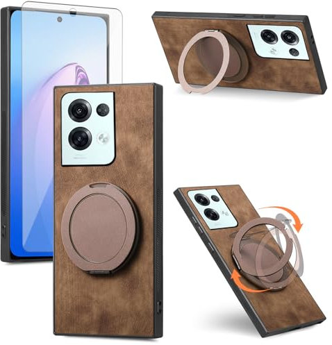Asuwish Compatible with OPPO Reno 8 Pro 5G Phone Case and Tempered Glass Screen Protector With Ring Holder Stand Kickstand Silicone Slim Shockproof Reno8Pro Reno8 8Pro Cover for Women Men Brown