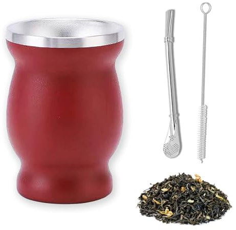 ARCPNRT Set Mate, Taza de Mate 230ML, Taza de Acero Inoxidable Fácil de Limpiar, con Pajita y Cepillo de Limpieza, Doble Pared, Apta para Té, Café y Otras Bebidas, Apta para Cocina, Restaurante, Rojo