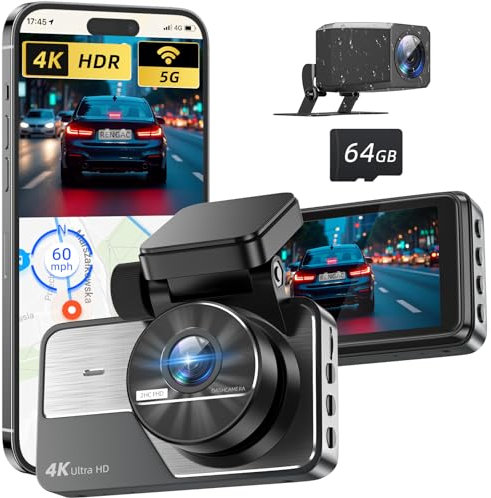 RENGAC Kamera: 4K+2K Full HD Doppel-Dashcam für Autos, mit integriertem 5G WiFi & 64GB SD-Karte, GPS, 3-Zoll IPS Display, UHD 2160P Nachtsicht, App-Steuerung, HDR, 24h Parküberwachung