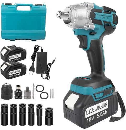 KEATFE Akku Schlagschrauber 18V, Bürstenloser Drehschlagschrauber1/2”, mit 4 Schlagstecknüssen. inkl. 5500mAh Akku und Ladegerät im Heavy-Duty-Tragekoffer (blau)