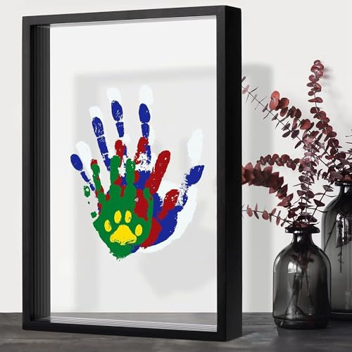 QSLKI Kit di Impronte di Mani per Famiglia, Nero, Cornice Impronta Mani e Piedi Neonati con Spazio, Kit di Impronte Delle Mani dei Membri Della Famiglia, 4 Deflettori, 6 Vernici, Stampa di Zampe