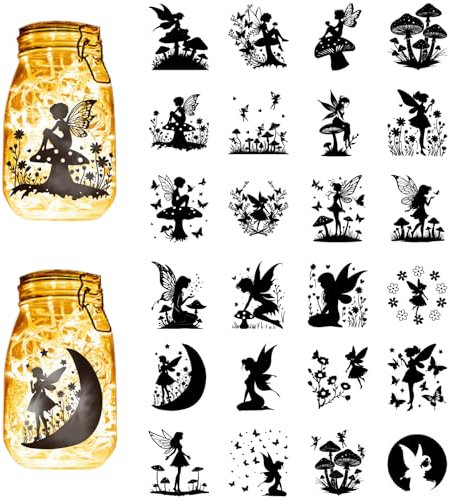 CREATCABIN 24 Stück 24 Stile Feen Silhouette Aufkleber Einmachglas Aufkleber Mond Pilz Engel Selbstklebend Gestanzt Wasserfest PVC Aufkleber Für Scrapbook Laternen Gläser Wände Fenster Telefon 10x9cm