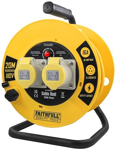 Faithfull 20M Open Cable Reel, 2 Socket Extension Lead with Protection Flaps & Winding Handle - 110V, 16A