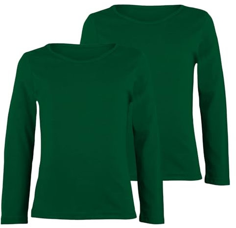 janisramone® Kids Plain Tshirt, Pack of 2 Round Neck Boys Long Sleeve T Shirt, Comfortable Girls School Shirts, Stretchy Girls and Boys Sports Top, Basic Summer Top Bottle Green