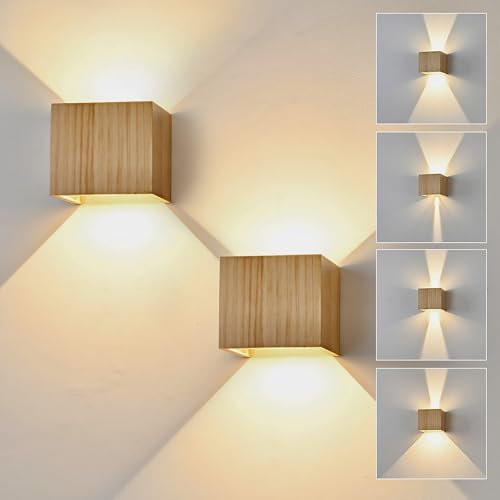 Doughelec LED Wandleuchte Innen Holz Wandlampe, Wandleuchte Holz Vintage 6W LED Wand Warmweiß 3000K Weiß Up Down Flurlampe Einstellbar Abstrahlwinkel Holzlampe für Wohnzimmer Flur Schlafzimmer, 2PCS