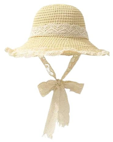 Sombrero Playa Mujer Verano con Encaje - Sombrero de Paja Transpirable Ajustable, ala Ancha Plegable y Protección UV para Bodas Playa, Vacaciones, Fiesta Jardín, Viajes (Beige)
