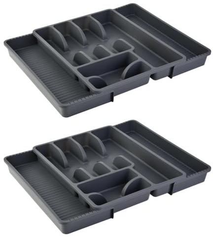 Engelland - 2 x verstellbarer Besteckkasten, Anthrazit, Besteckkorb mit 8 Fächern, Kunststoff, BPA-frei, Besteckhalter, Besteckeinsatz für Küchenschubladen, Maße: 29-51 x 38 x 5 cm