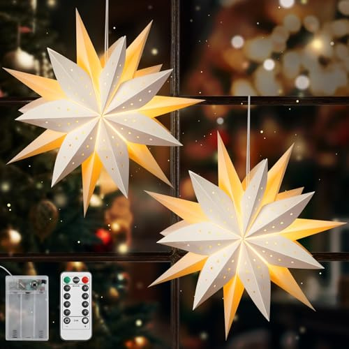 Lewondr Papier Stern Dekoration, 2PCS Weihnachten Papier Laterne mit Fernbedienung, Drei Lagen Papierlampen mit Siebenzackigem Stern, Weihnachten Lichter für Urlaub Home Feiertag Dekoration