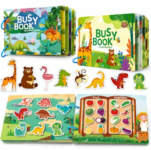 Tangdudu 2PC Livre Montessori 1 2 3 4 5 Ans, Quiet Book, Busy Book, Livre d’activités pour Apprendre Animaux, Couleurs, Formes, Fruits, légumes, véhicules, Aliments, Dinosaures