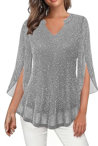 Women's Sequin Mesh Tops Sparkly Shiny T Shirts Glitter Sexy Side Split 3/4 Sleeve V Neck Blouses Pleated Loose Fit Tee Party Wedding Going Out Casual Solid Color Flowy Top Cocktail Prom