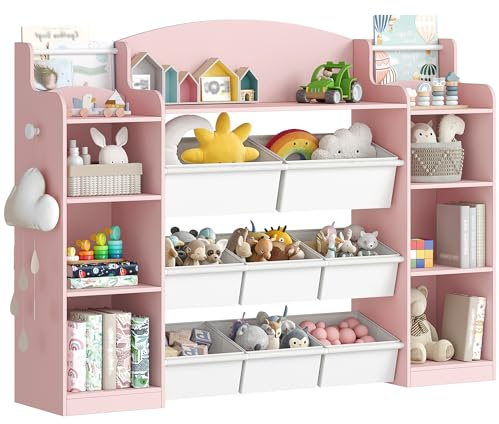 Hzuaneri Toy Storage Unit with 8 Removable Fabric Bins Toy Organiser, Pink | 30 x 140 x 104 cm Kids Bookcase with Storage Shelves for Bedroom, Nursery, Kindergarten, Playroom, KB43030W