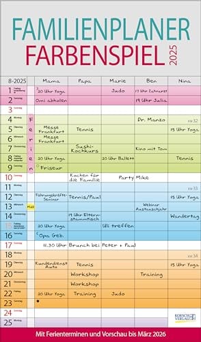 Familienplaner Farbenspiel 2025: Familienkalender, 5 breite Spalten, guter Überblick durch farbliche Wochen. Mit Ferienterminen, Vorschau bis März 2026 und nützlichen Zusatzinformationen.