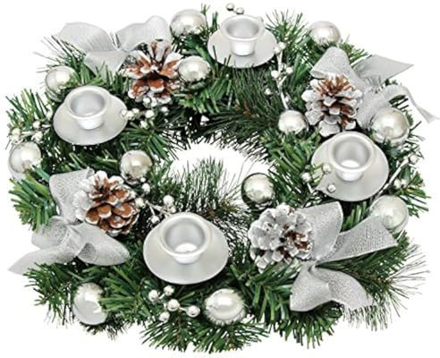 Silver Ribbon Christmas Advent Wreath - Advent Wreaths Season Centerpiece Décor - Advent Candle Holder and X-mas Candles Decorations - Advent Calendar Season Decoration