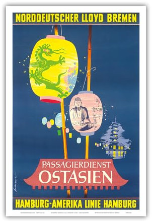 Pacifica Island Art East Asien – Norddeutschen Lloyd Bremen – Passagiere – Hamburg-American Linie, Hapag – Vintage Ocean Liner Travel Poster von Fritz Schoppe c.1962 – Master Kunstdruck 12 x 18